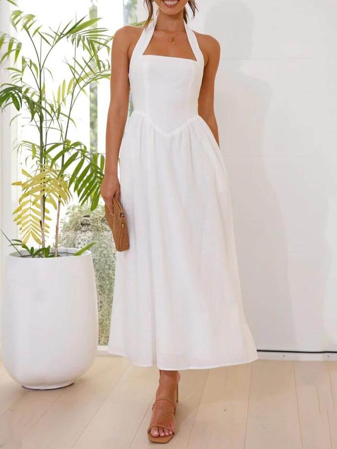 Waist Little Black Halter Neck Dress Mid Length Dress