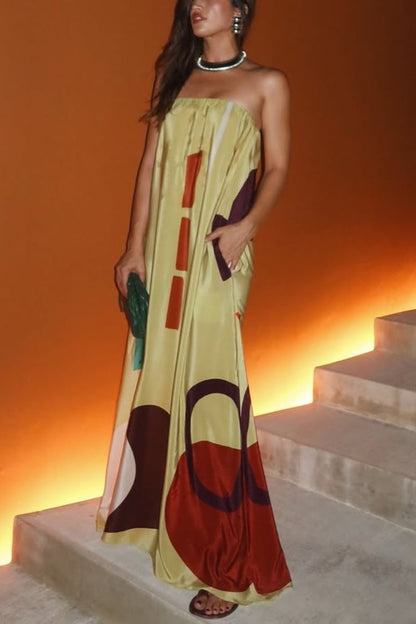 Miss Me Satin Unique Printed Off Shoulder Pocketed Loose Maxi Dress
