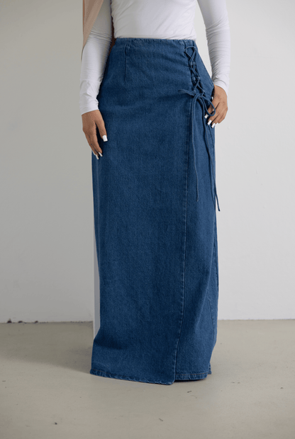 Longline Lace-Up Denim Skirt